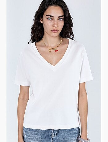 T-shirt de algodão com decote em v de corte regular e cor lisa busem