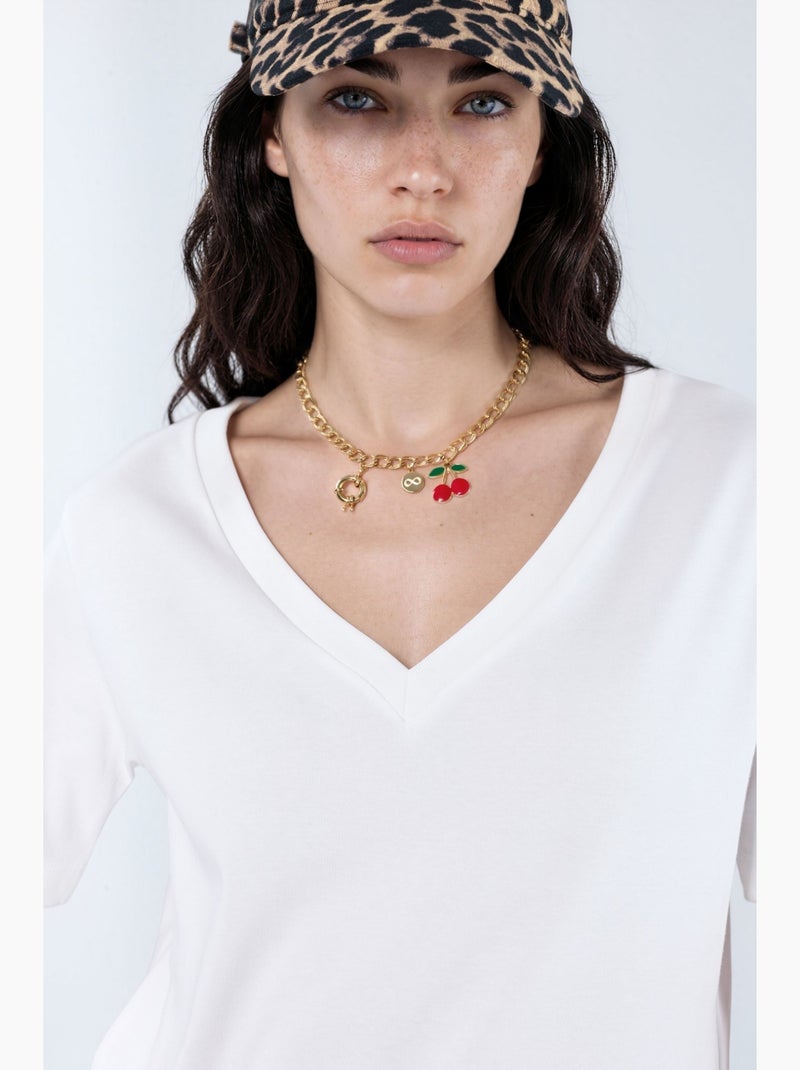 T-shirt de algodão com decote em v de corte regular e cor lisa busem Branco - Kiabi
