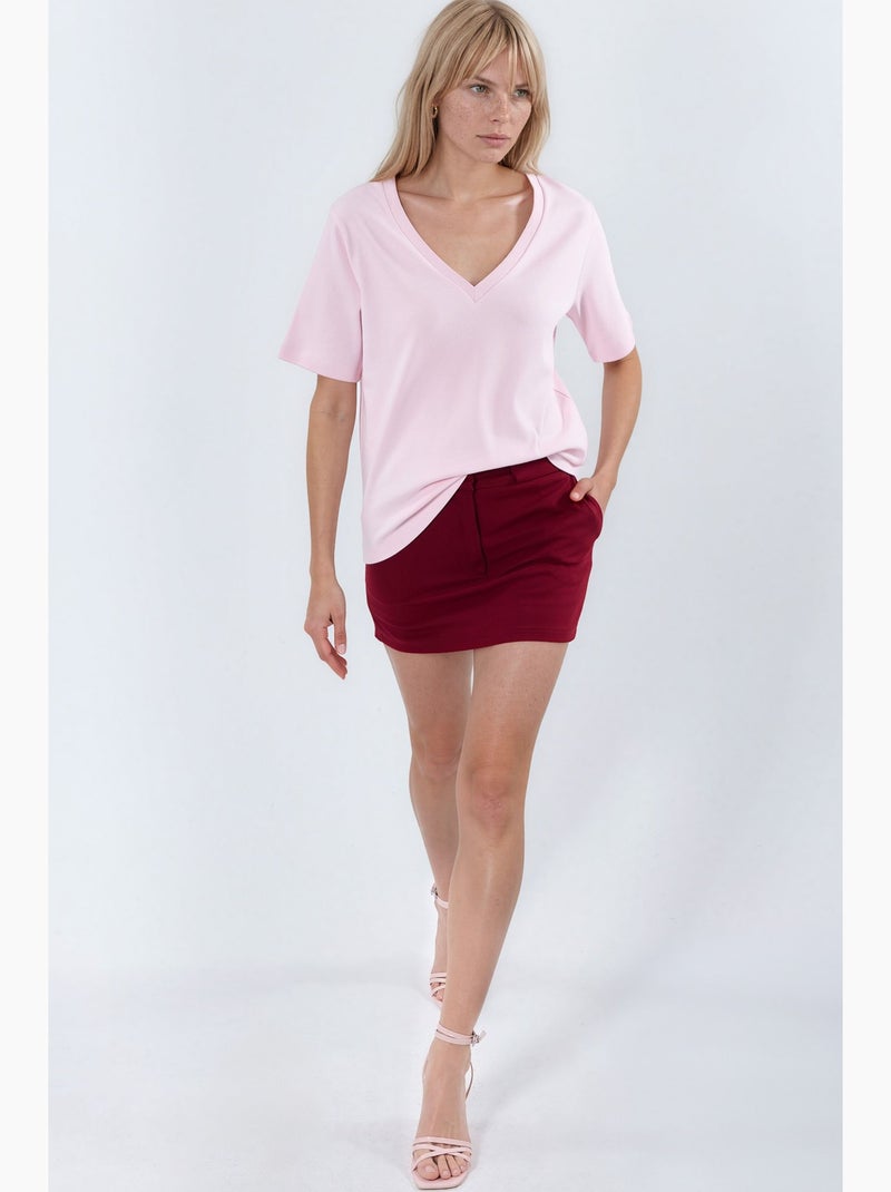 T-shirt de algodão com decote em v de corte regular e cor lisa busem Rosa-claro - Kiabi