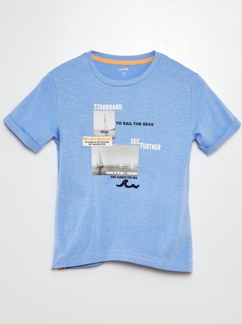 T-shirt de algodão com estampado AZUL - Kiabi
