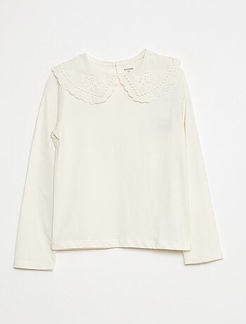 T-shirt de algodão com gola bordada