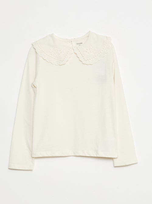 T-shirt de algodão com gola bordada - Kiabi