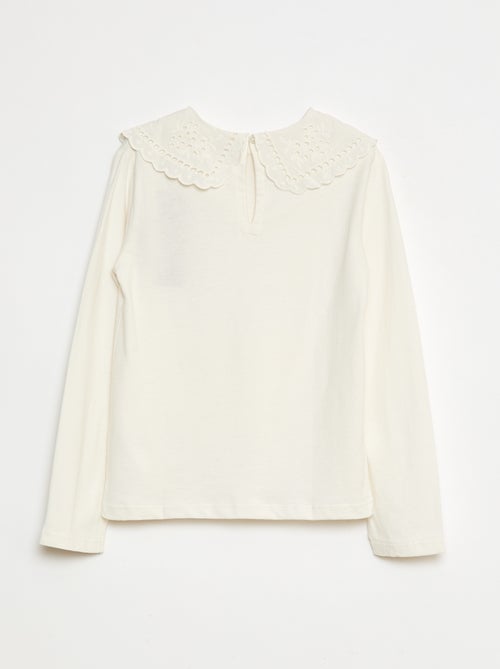 T-shirt de algodão com gola bordada - Kiabi