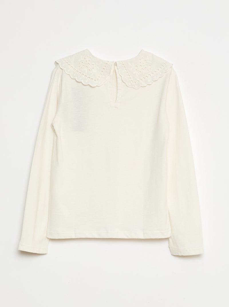 T-shirt de algodão com gola bordada Branco - Kiabi