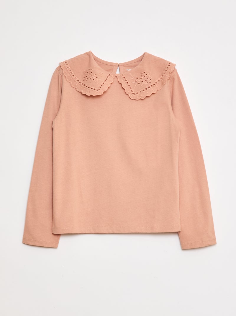 T-shirt de algodão com gola bordada Rosa - Kiabi