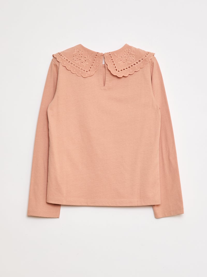 T-shirt de algodão com gola bordada Rosa - Kiabi