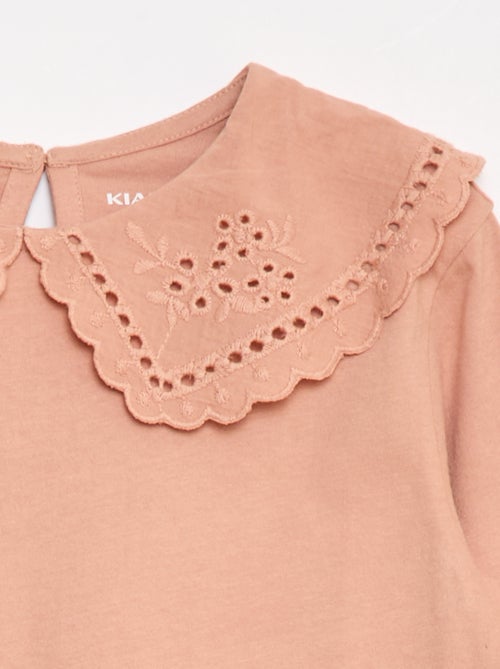 T-shirt de algodão com gola bordada - Kiabi