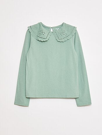 T-shirt de algodão com gola bordada