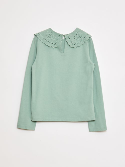 T-shirt de algodão com gola bordada - Kiabi