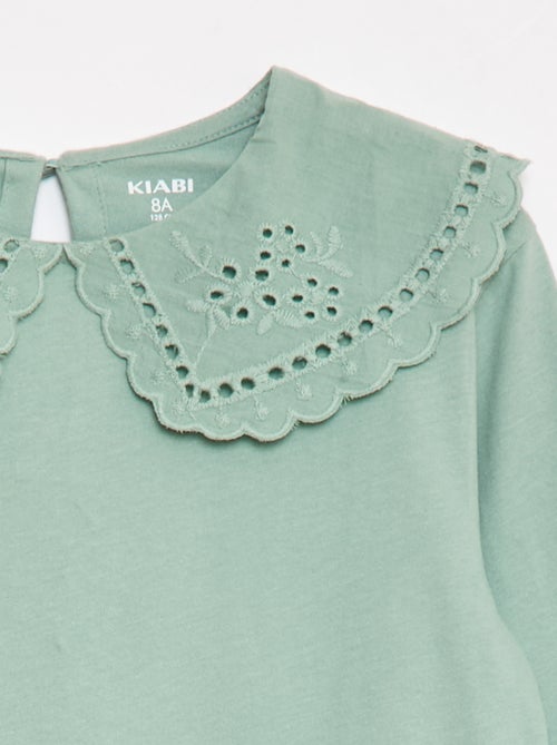 T-shirt de algodão com gola bordada - Kiabi