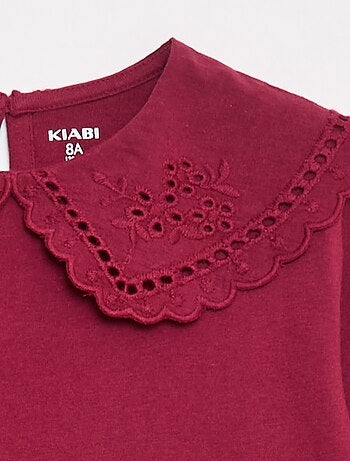 T-shirt de algodão com gola bordada