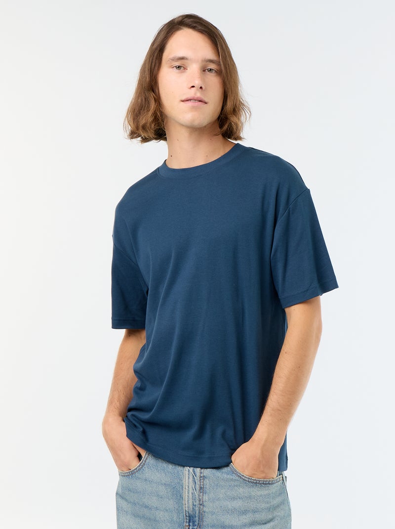 T-shirt de algodão com gola redonda Azul - Kiabi