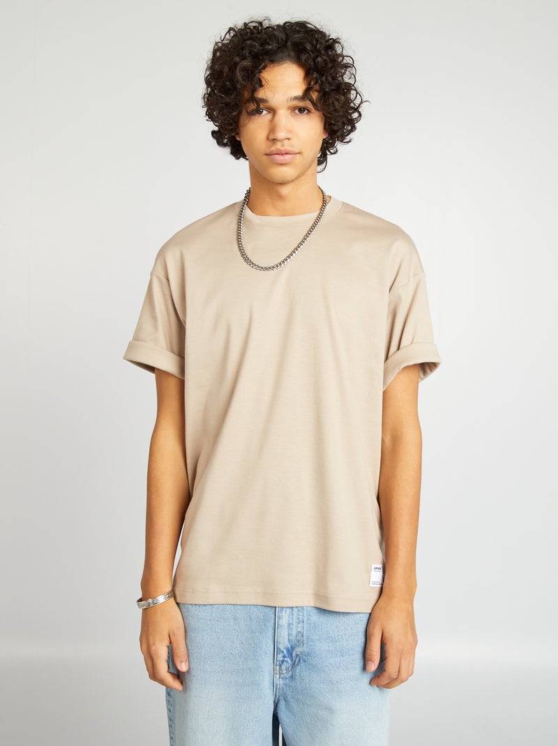 T-shirt de algodão com gola redonda bege - Kiabi