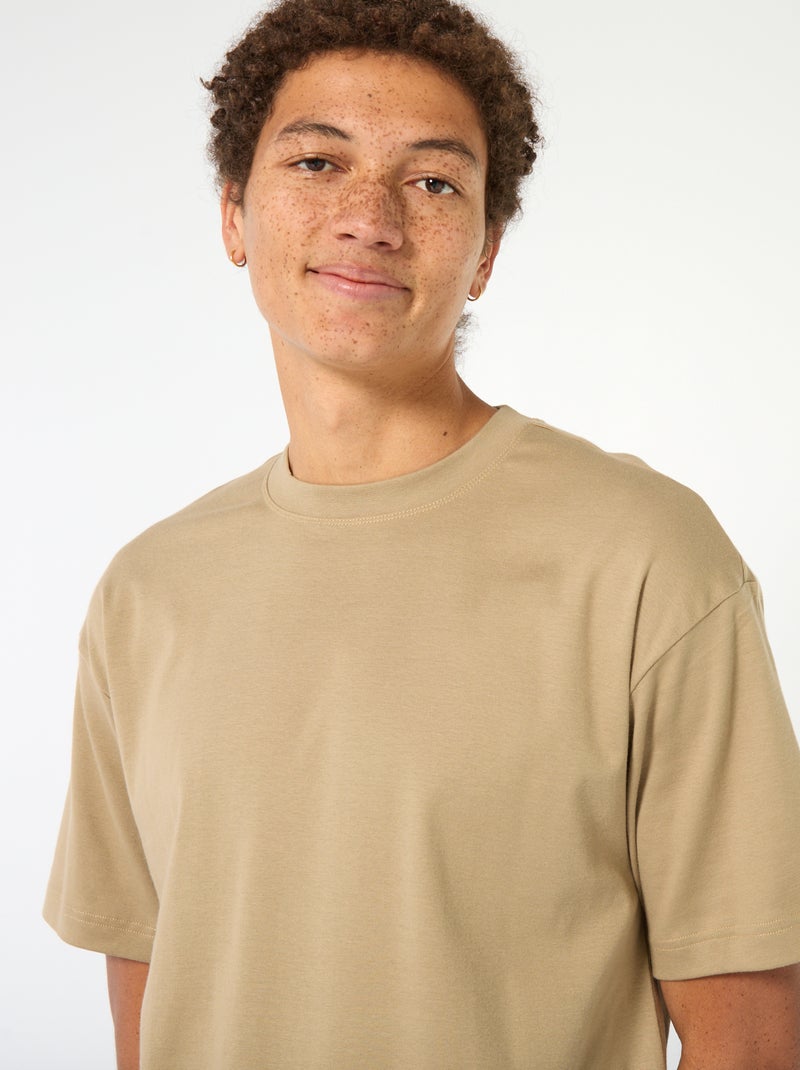 T-shirt de algodão com gola redonda Bege - Kiabi