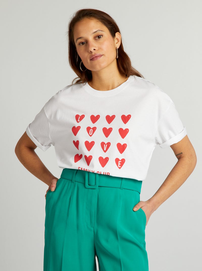 T-shirt de algodão com gola redonda BRANCO - Kiabi