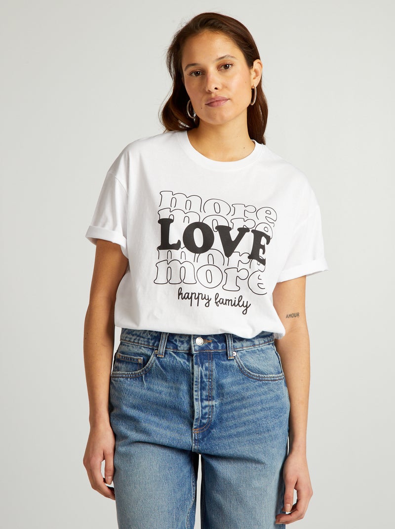 T-shirt de algodão com gola redonda BRANCO - Kiabi