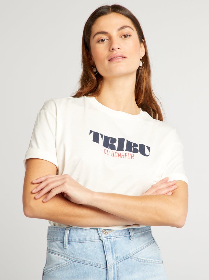T-shirt de algodão com gola redonda BRANCO - Kiabi