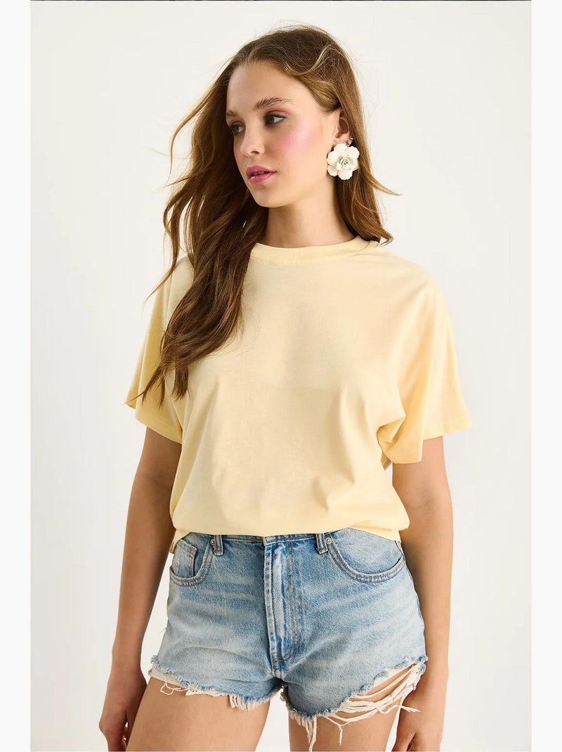 T-shirt de algodão com gola redonda lucci Amarelo-limão - Kiabi