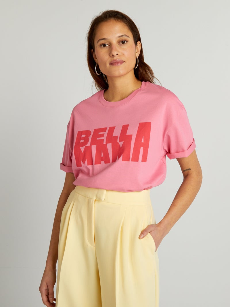 T-shirt de algodão com gola redonda ROSA - Kiabi