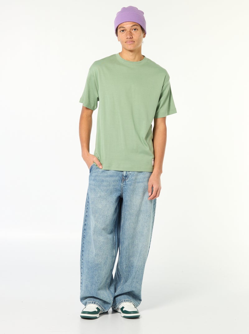 T-shirt de algodão com gola redonda Verde - Kiabi
