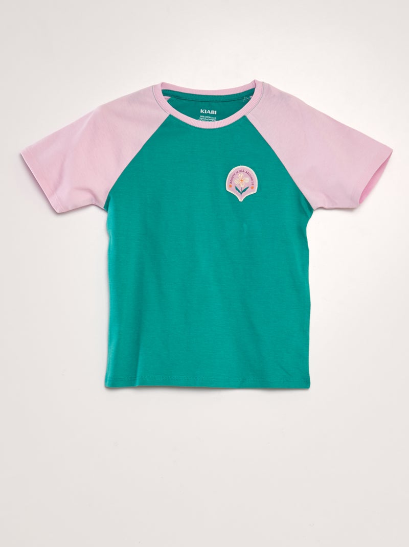 T-shirt de algodão com gola redonda VERDE - Kiabi