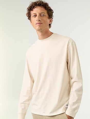 T-shirt de algodão de manga comprida e gola redonda