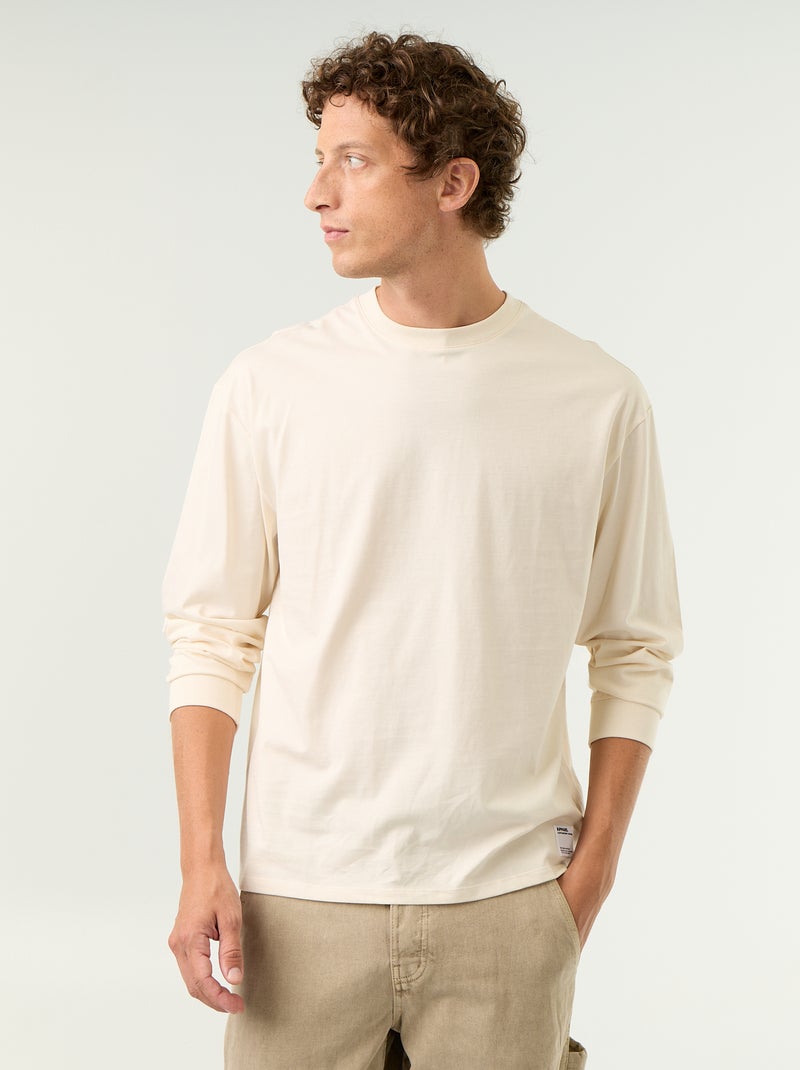 T-shirt de algodão de manga comprida e gola redonda Branco - Kiabi