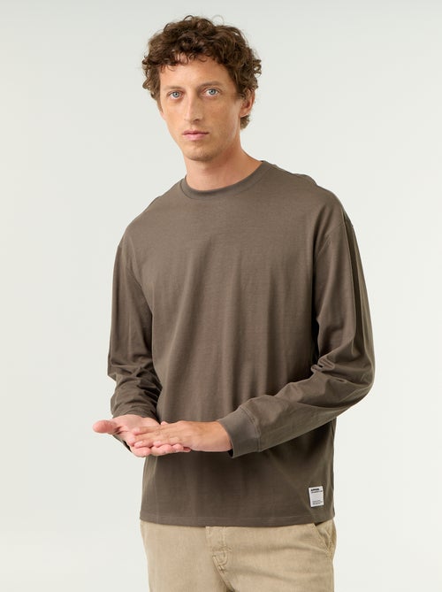 T-shirt de algodão de manga comprida e gola redonda - Kiabi