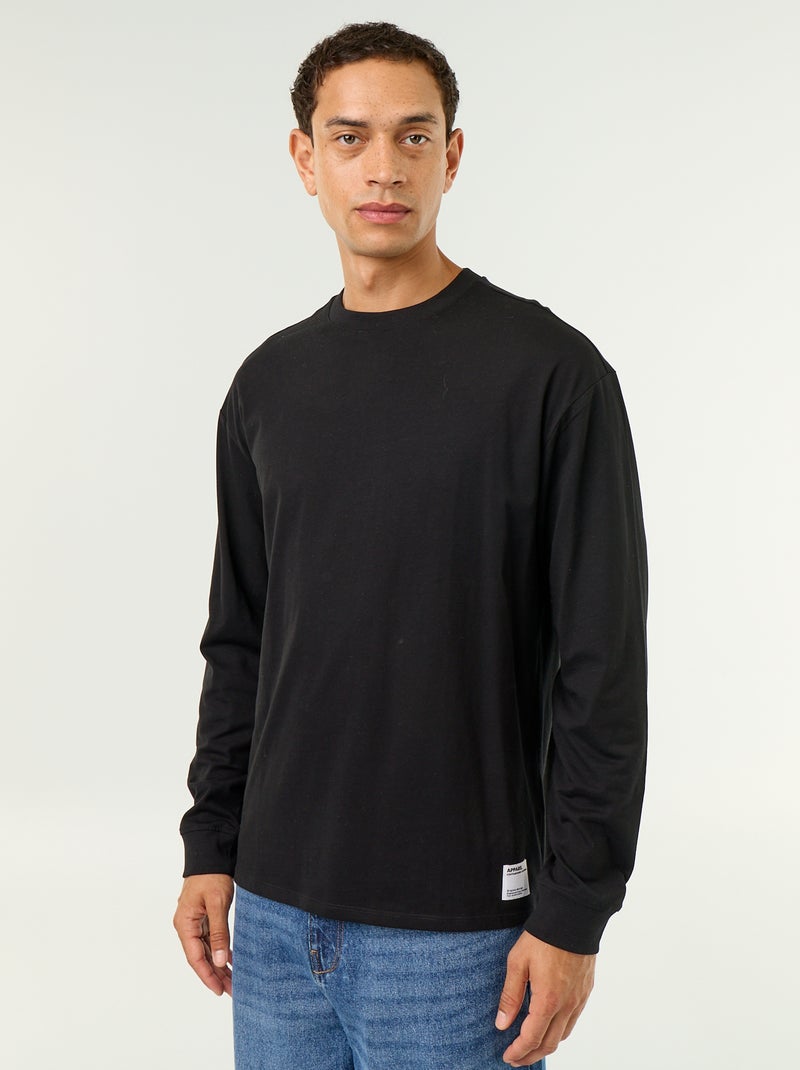 T-shirt de algodão de manga comprida e gola redonda Preto - Kiabi