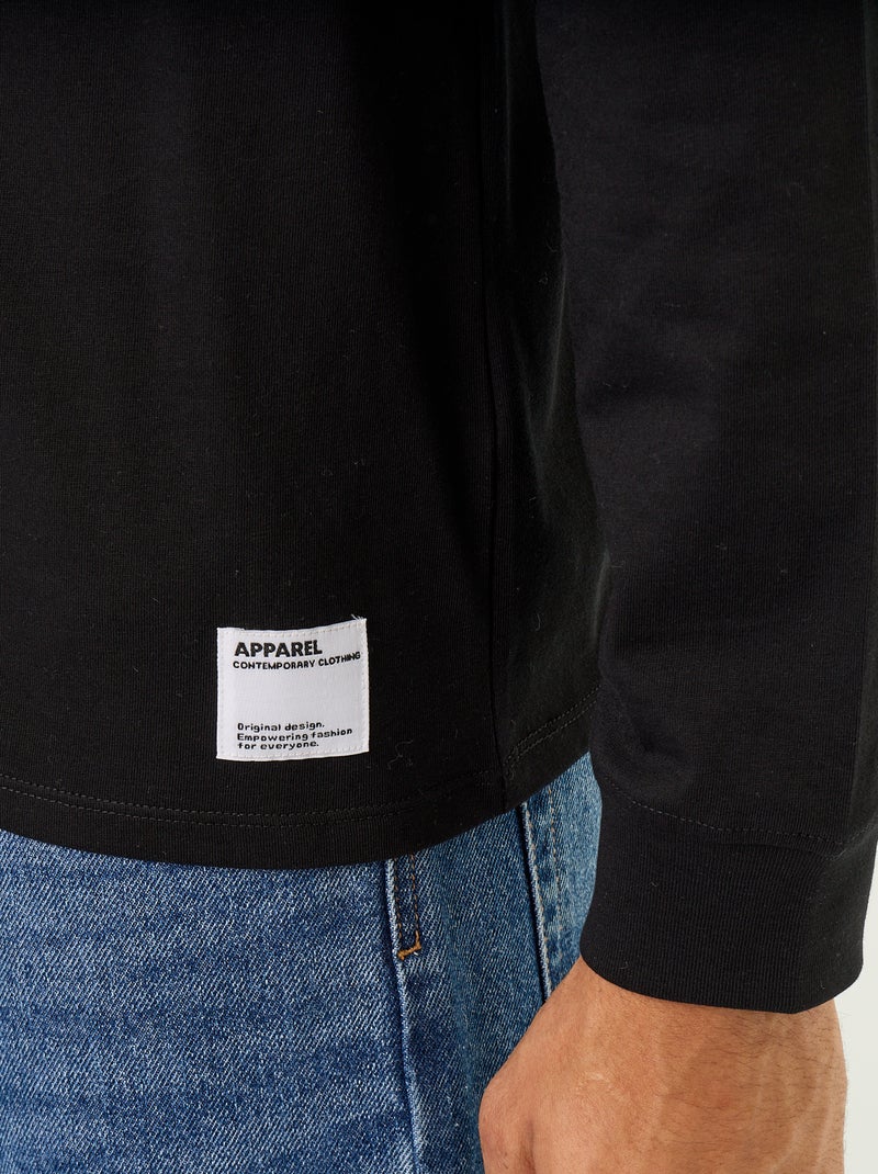 T-shirt de algodão de manga comprida e gola redonda Preto - Kiabi