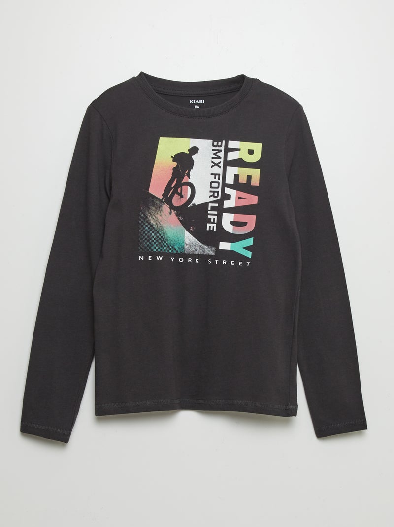 T-shirt de algodão de manga comprida PRETO - Kiabi
