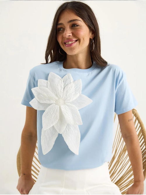 T-shirt de algodão de manga curta com acessório floral lucci - Kiabi