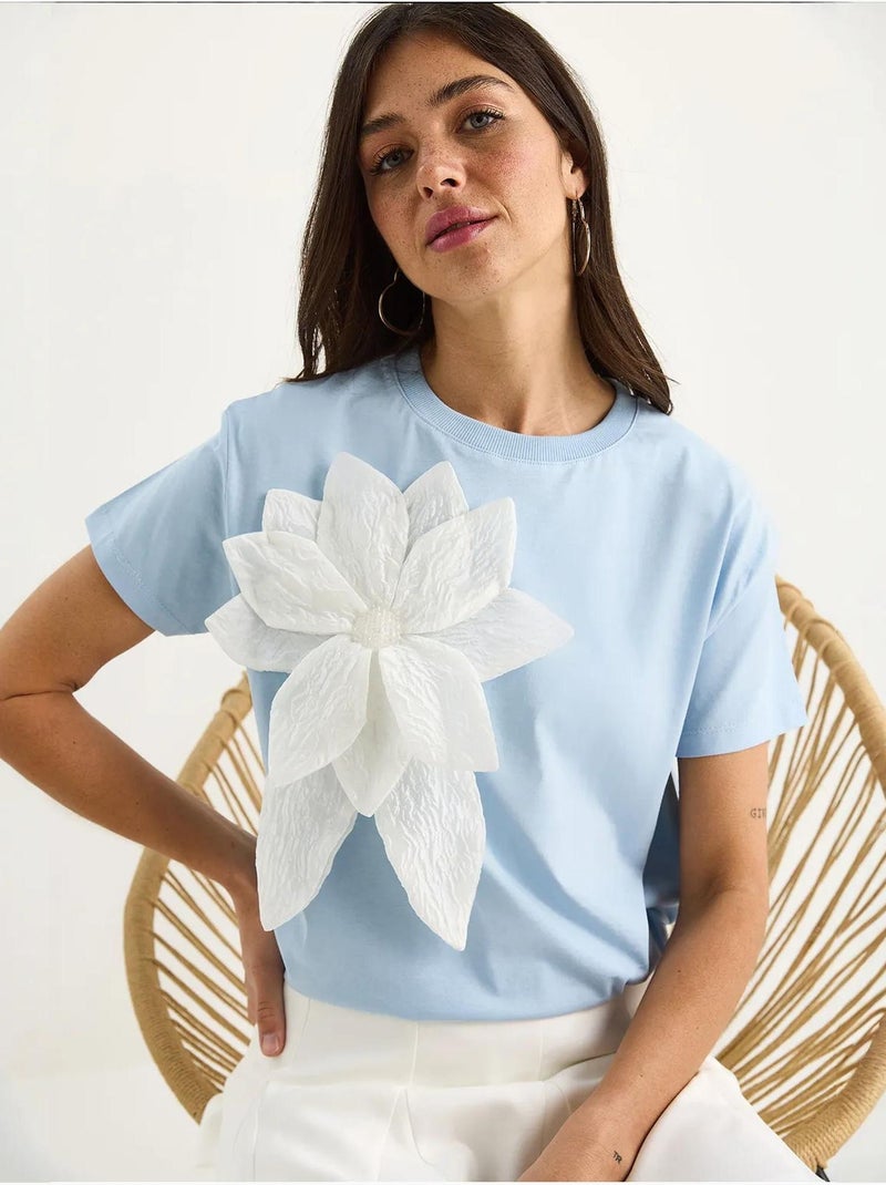 T-shirt de algodão de manga curta com acessório floral lucci Azul-céu - Kiabi