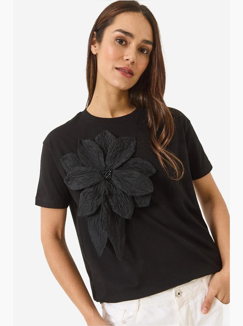 T-shirt de algodão de manga curta com acessório floral lucci Preto - Kiabi