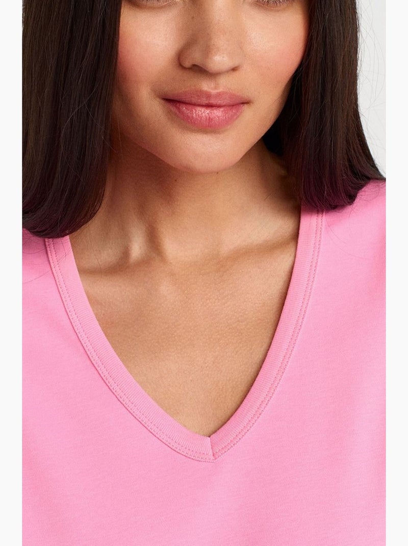 T-shirt de algodão de mulher com decote em v dilvin Rosa-fluo/Solinotes - Kiabi