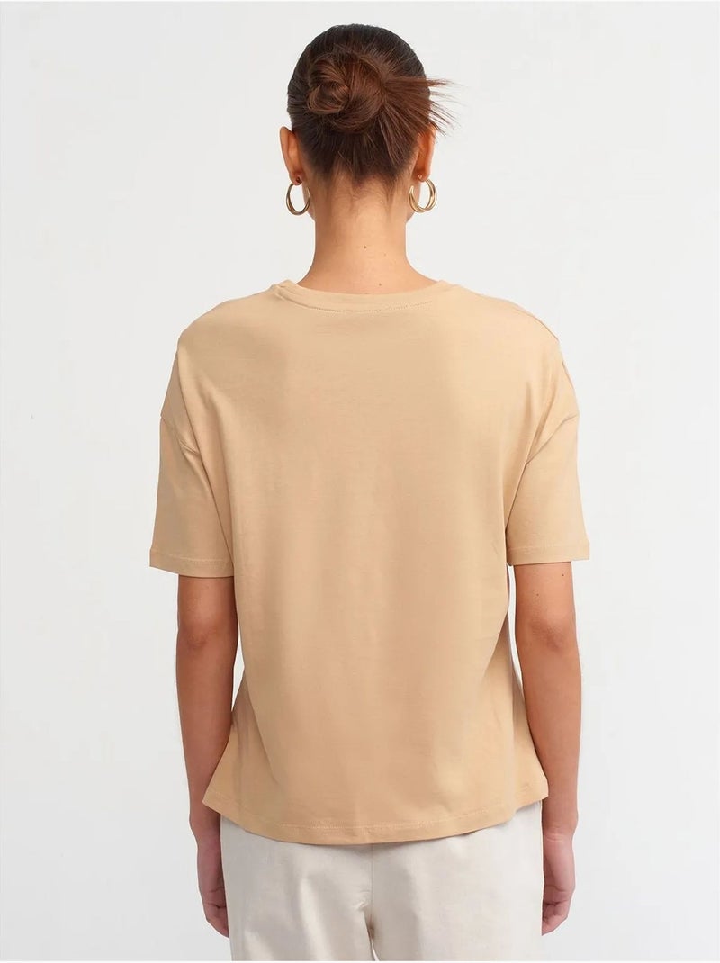 T-shirt de algodão de mulher com decote redondo dilvin Bege-argila - Kiabi
