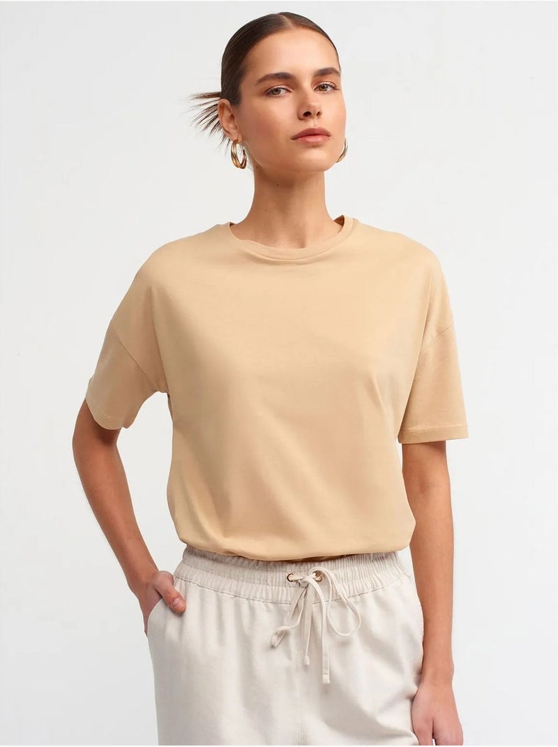 T-shirt de algodão de mulher com decote redondo dilvin Bege-argila - Kiabi