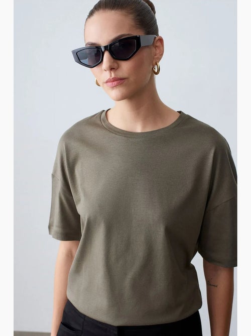 T-shirt de algodão de mulher com decote redondo dilvin - Kiabi