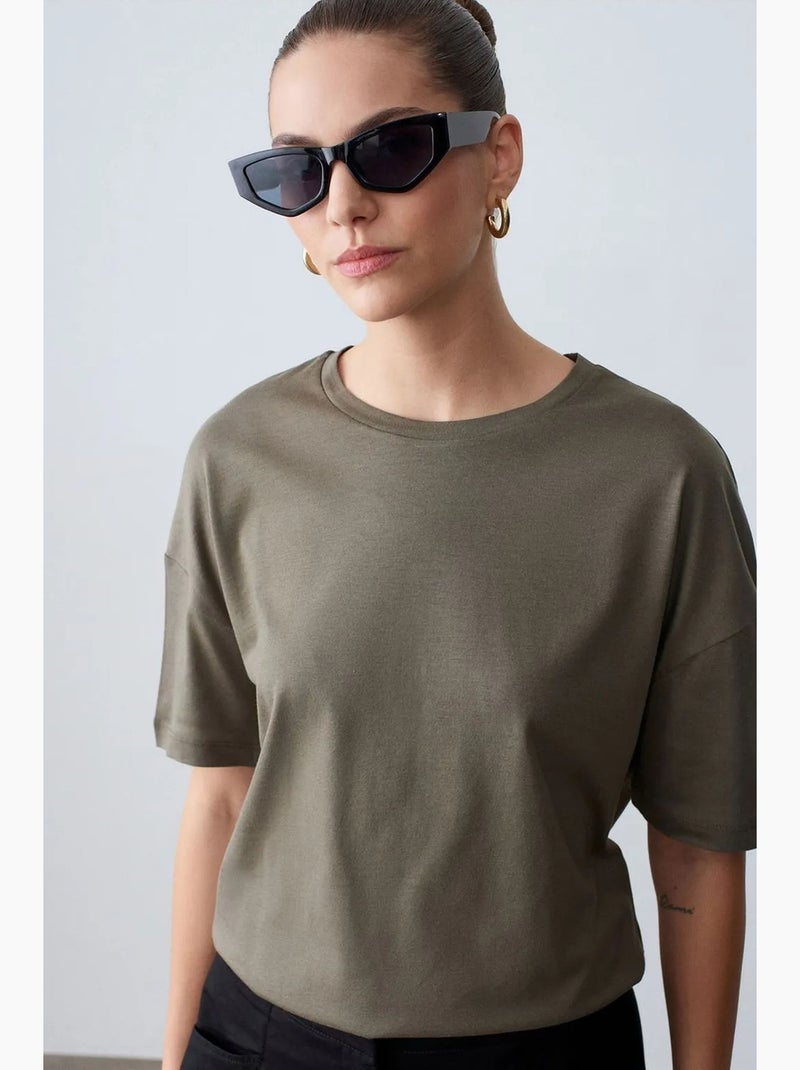 T-shirt de algodão de mulher com decote redondo dilvin Cáqui - Kiabi