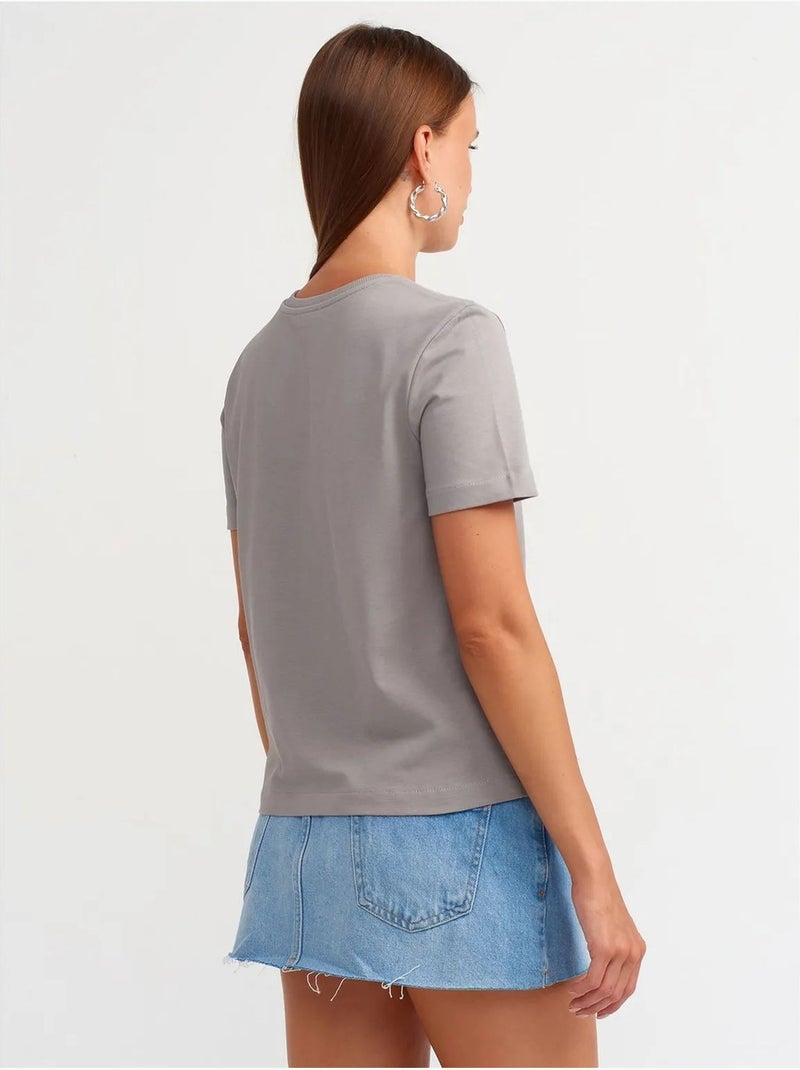 T-shirt de algodão de mulher com decote redondo dilvin Cinza claro - Kiabi