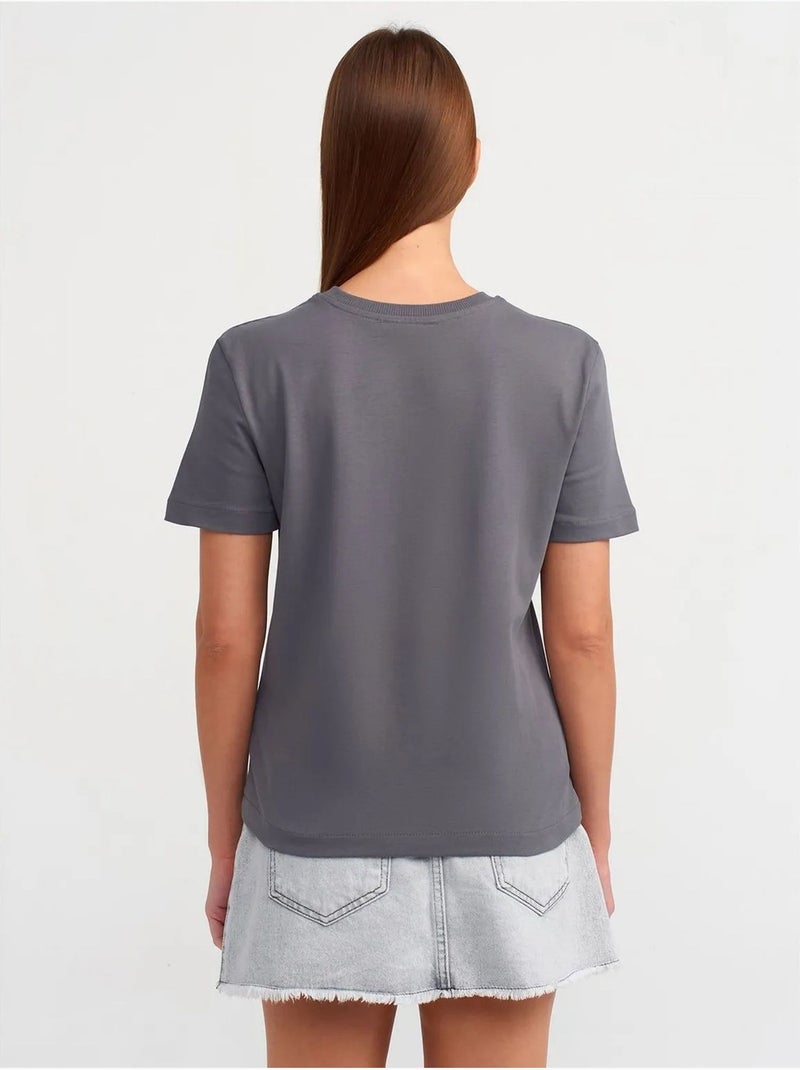 T-shirt de algodão de mulher com decote redondo dilvin Cinza-preto - Kiabi