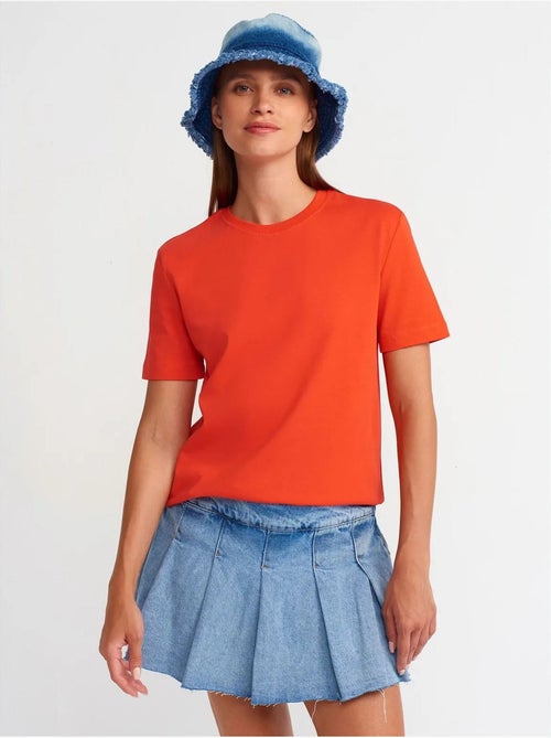 T-shirt de algodão de mulher com decote redondo dilvin - Kiabi