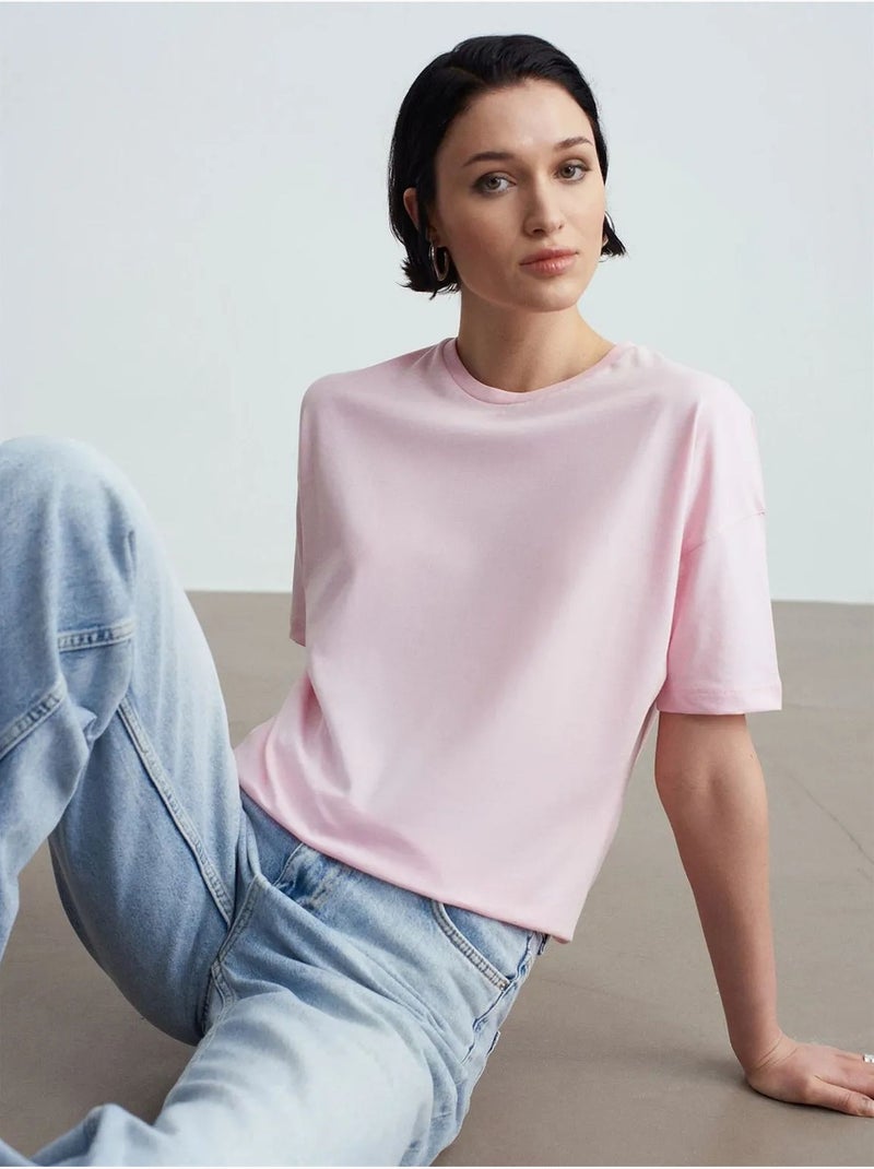 T-shirt de algodão de mulher com decote redondo dilvin Rosa doce - Kiabi