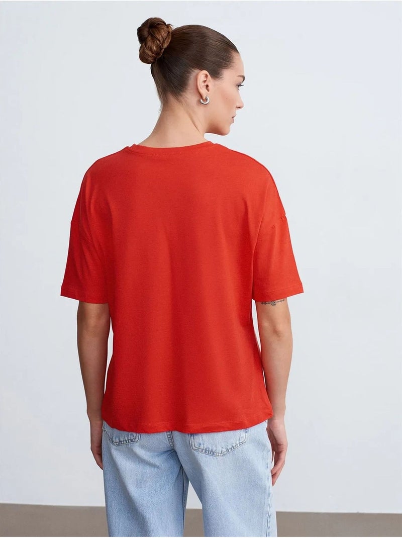 T-shirt de algodão de mulher com decote redondo dilvin Vermelho - Kiabi