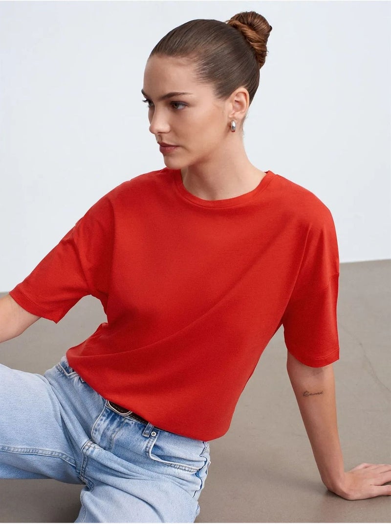 T-shirt de algodão de mulher com decote redondo dilvin Vermelho - Kiabi