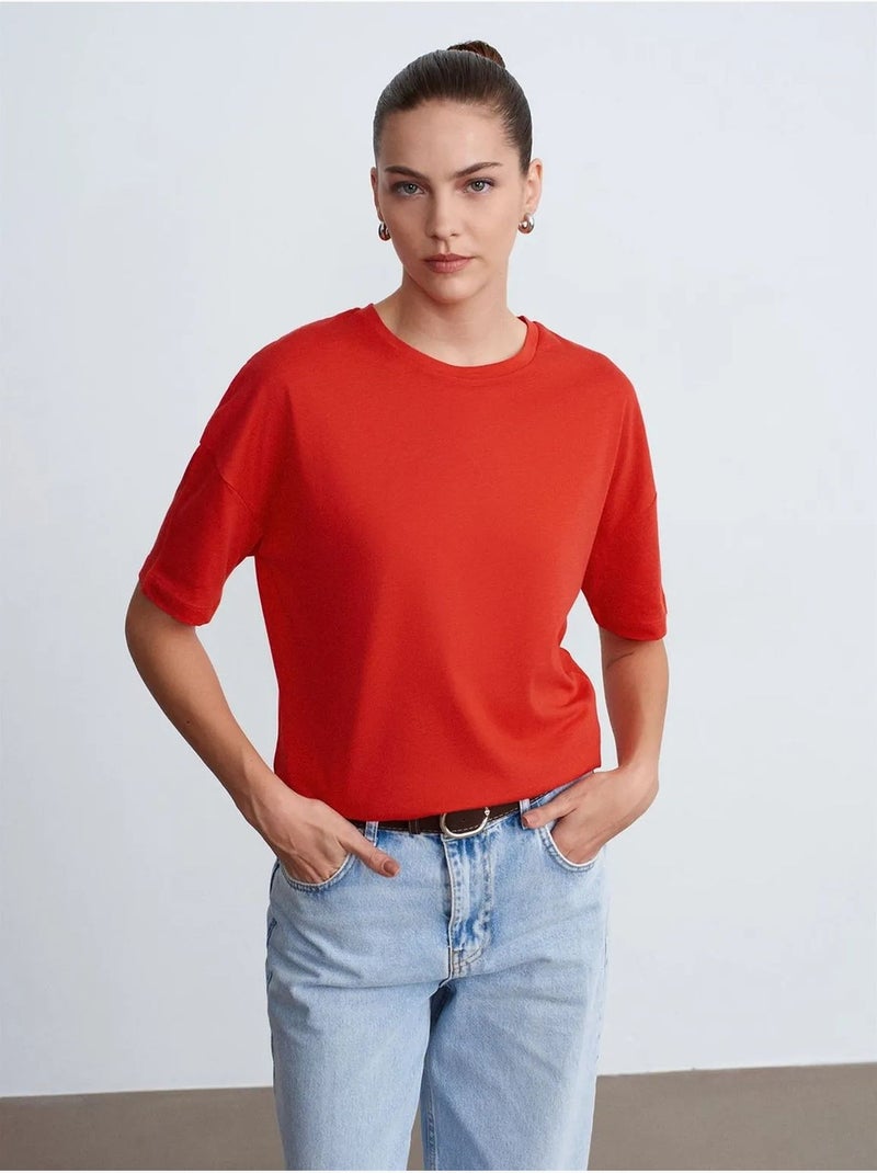 T-shirt de algodão de mulher com decote redondo dilvin Vermelho - Kiabi