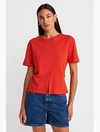 T-shirt de algodão de mulher com decote redondo e racha dilvin
