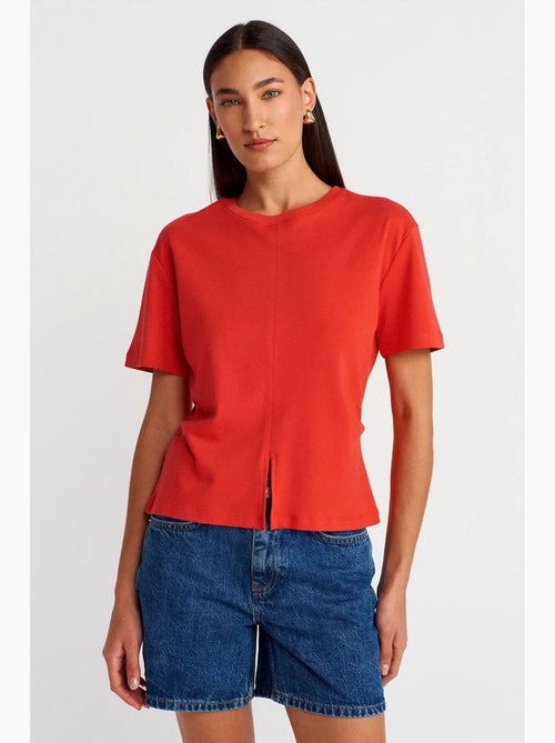 T-shirt de algodão de mulher com decote redondo e racha dilvin - Kiabi