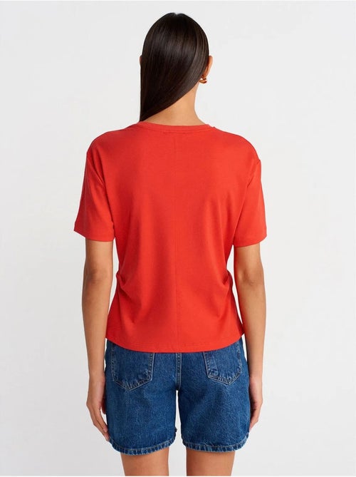 T-shirt de algodão de mulher com decote redondo e racha dilvin - Kiabi