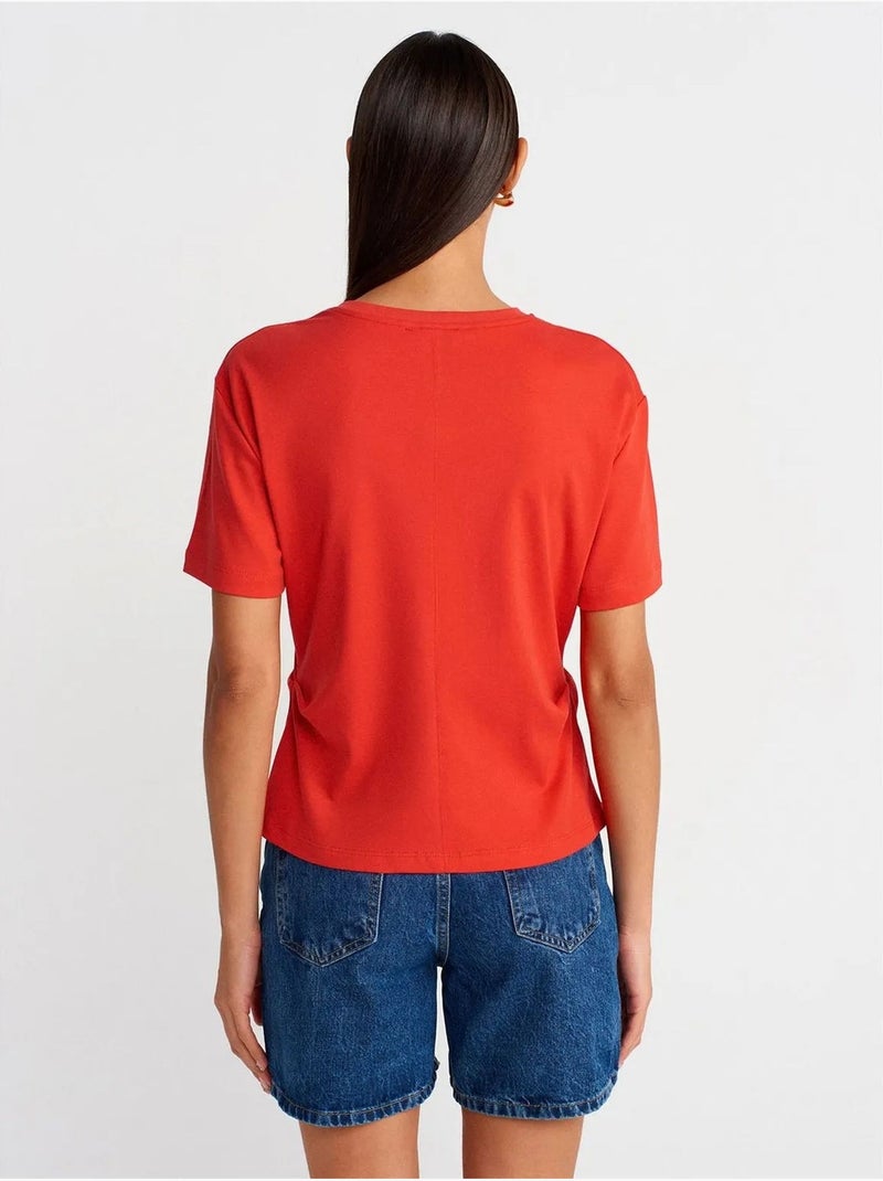 T-shirt de algodão de mulher com decote redondo e racha dilvin Vermelho - Kiabi
